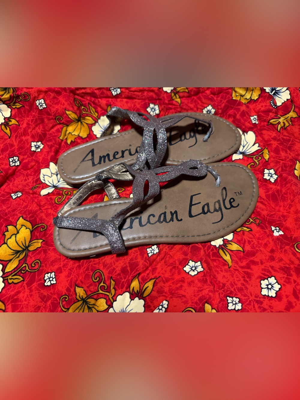 American Eagle Outfitters Brown Footbed Glitter Silver Strappy Sandals